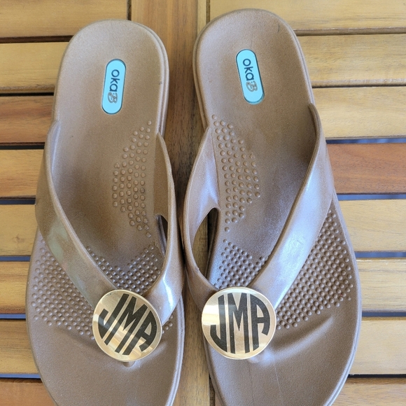 OKA.B Brown Flip Flops with Monogrammed Detail - Picture 2 of 7